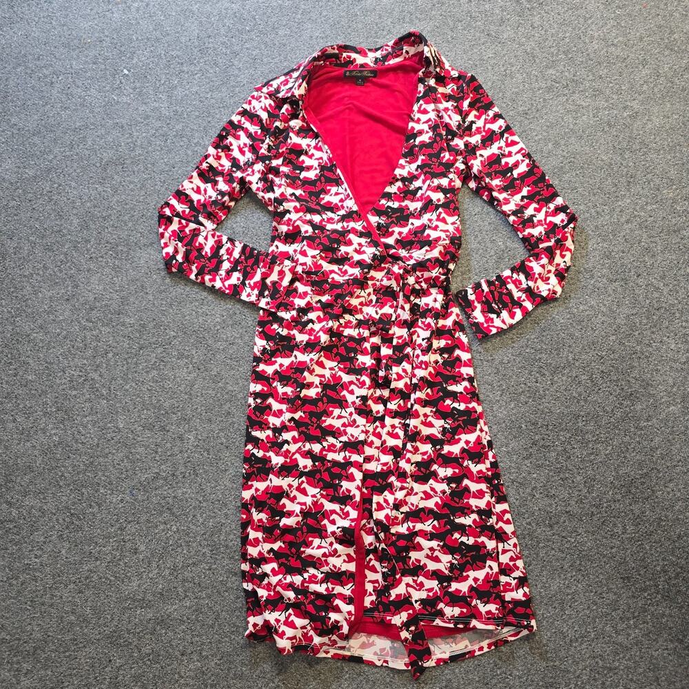 Brooks Brothers Dress Women Size Medium Red Horses Wrap Front Stretch Equestrian